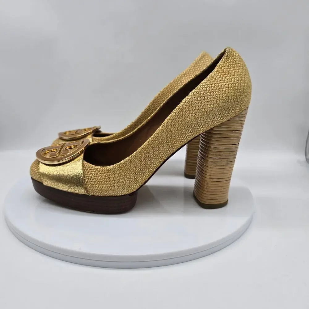 Tory Burch Women's Platform Block Heel Pumps Shoes Evening Party Gold Size 9M